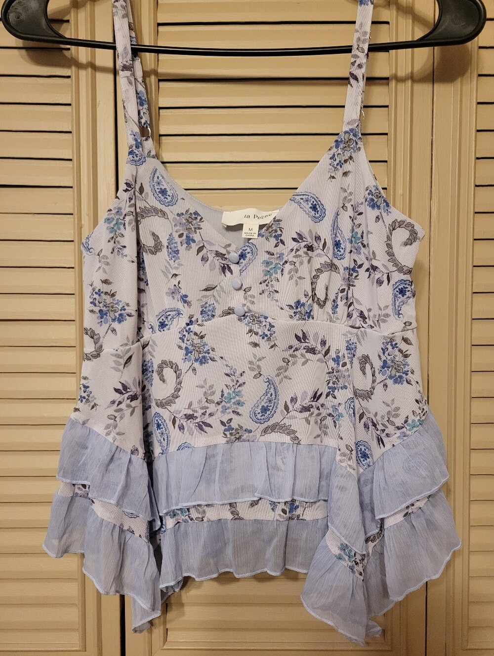 Blue Floral Ruffle Cold-Shoulder Tank Top
